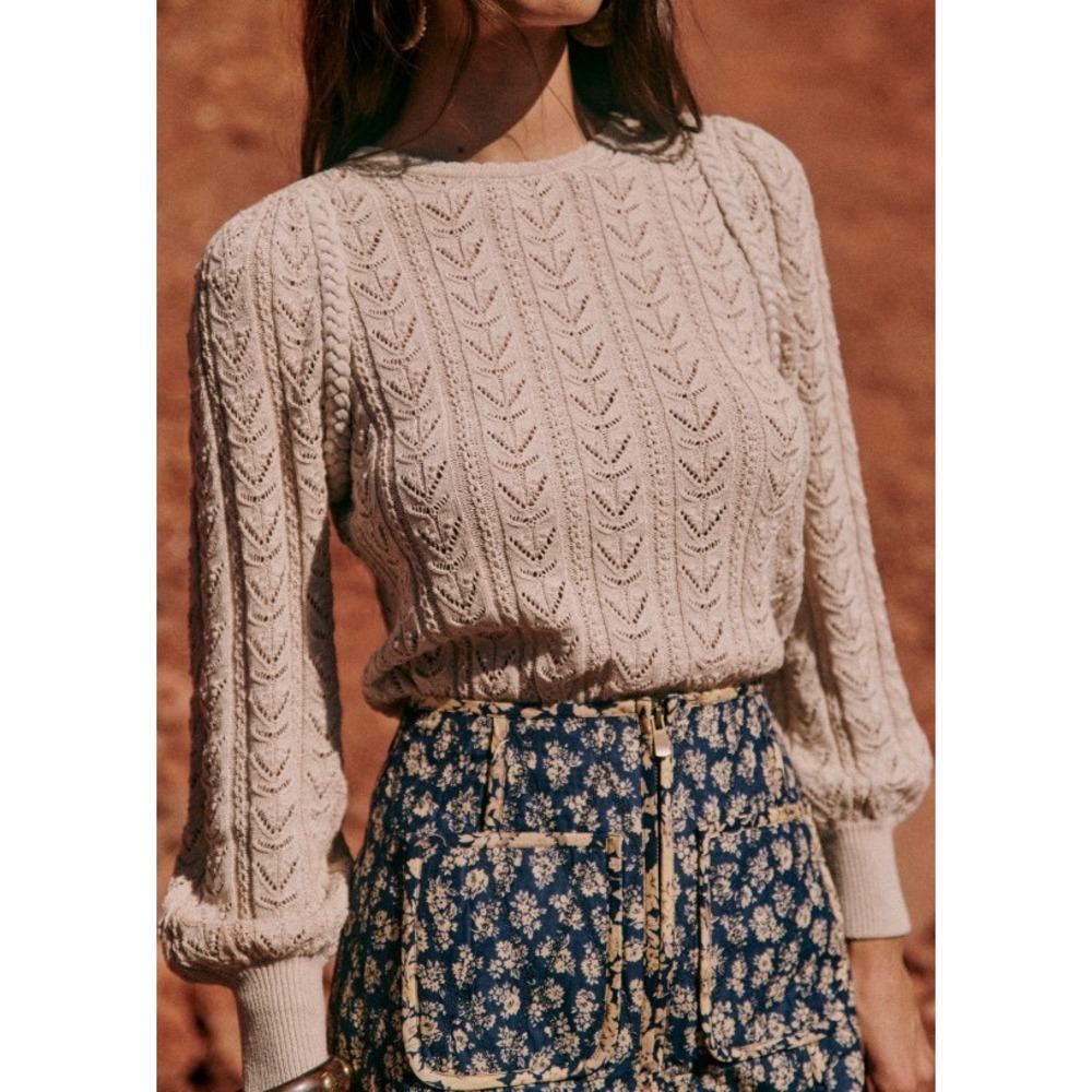 Sezane Maxen Jumper Ecru Pointelle Knit Cotton Blend Sweater XS